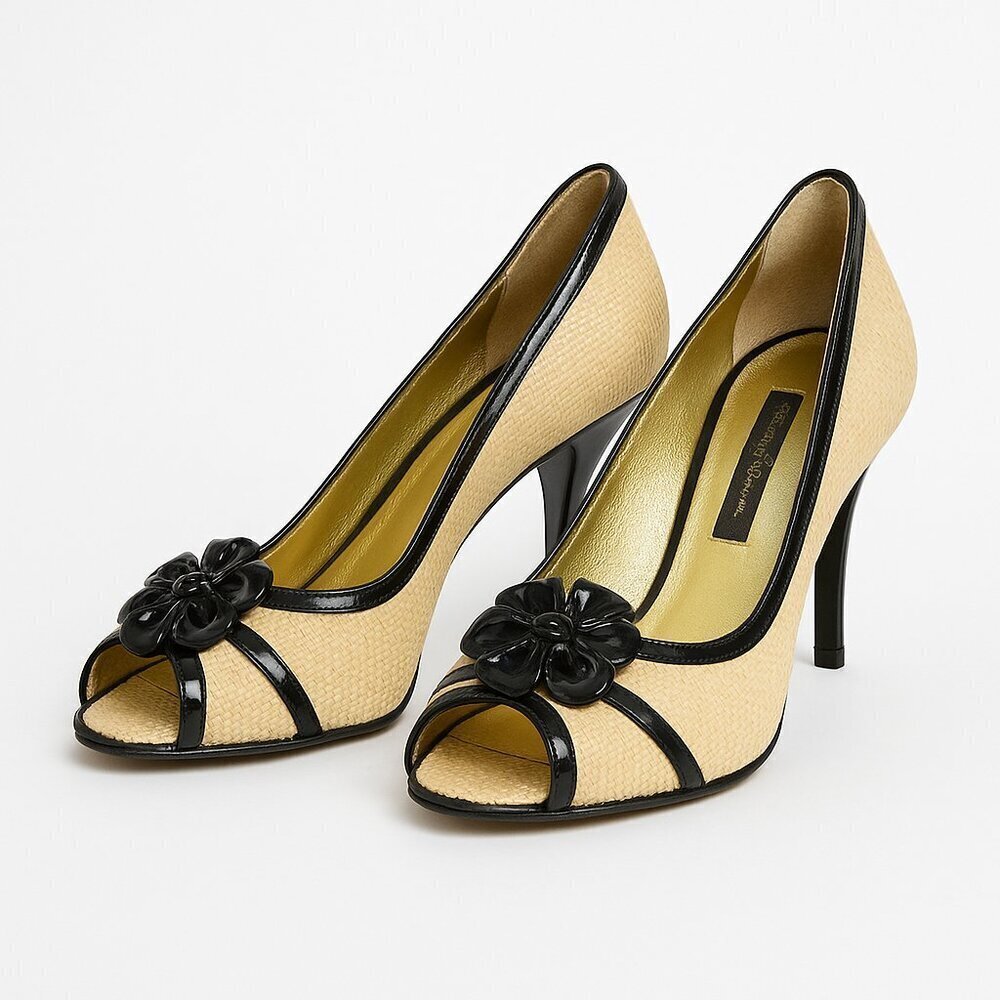 Beverly Feldman Raffia Peep Toe Heels Flower Rosette Coastal Grandma Size 9